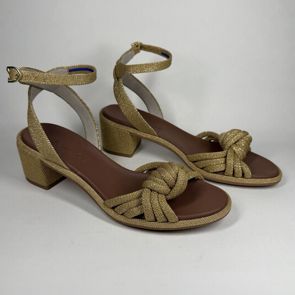 Rothy's Women's Size 6 Metallic Golden Sun The Knot Heeled Sandals Ankle Strap
